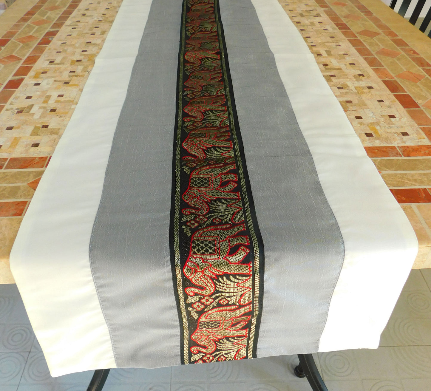 Two-tone table runner with elephant border Christmas Festival Birthday Wedding Party Living Room Kitchen Tablecloth made of Thai Silk Thai Silk